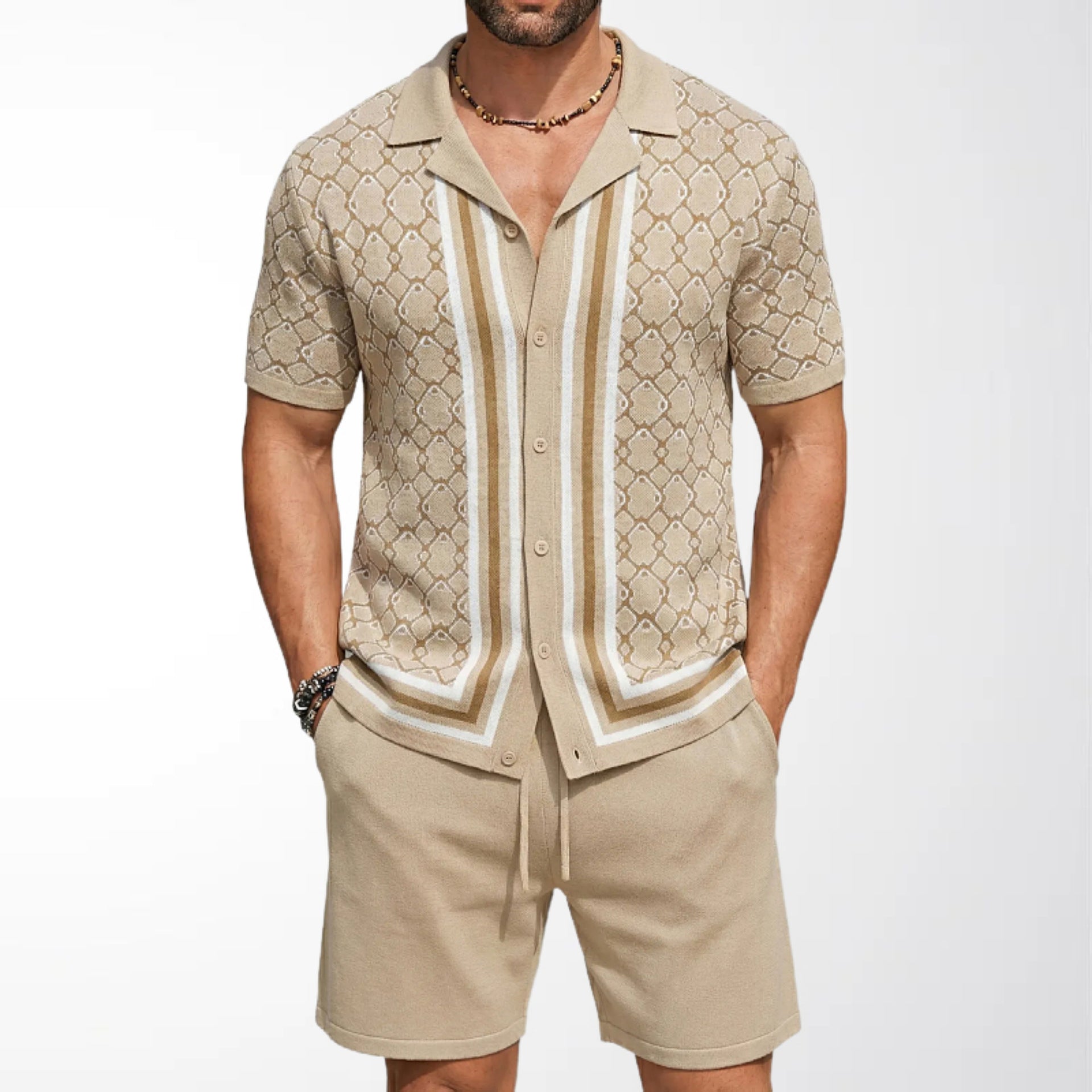 Geometric Jacquard Mens Cuban-Neck Knit Suit