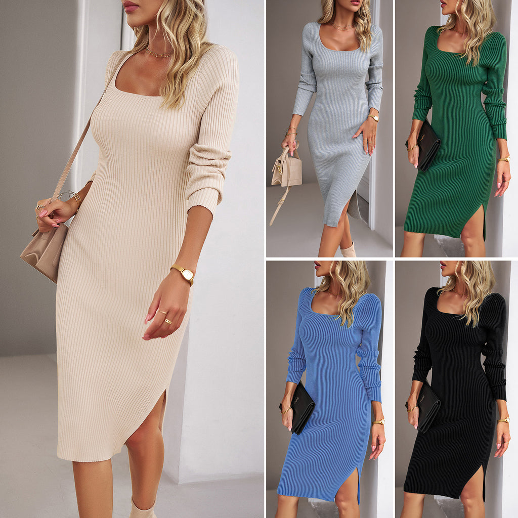 Women's Square Neckline Woolen Dress in 5 Colors S-XL - Wazzi's Wear