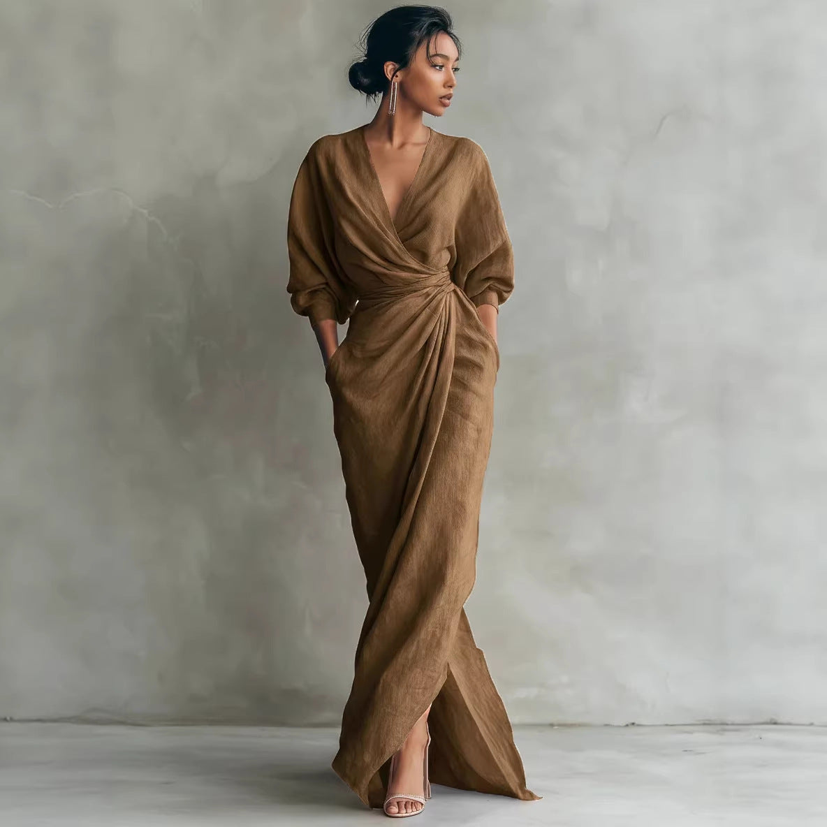 Womens V-neck Waist-cinching Dress