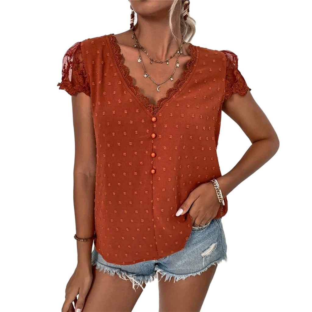 Women’s V-Neck Short Lace Sleeve Top with Decorative Buttons in 3 Colors S-XXL - Wazzi's Wear