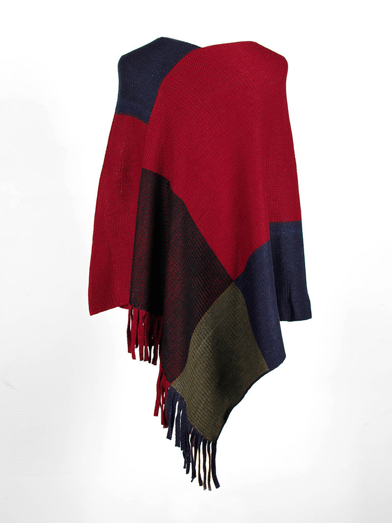 Women’s Knit Colorblock Fringed Shawl Poncho in 5 Colors - Wazzi's Wear