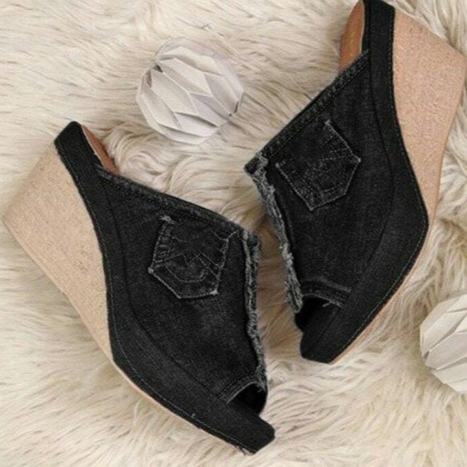 Women’s Denim High Heel Wedge Sandals in 2 Colors - Wazzi's Wear