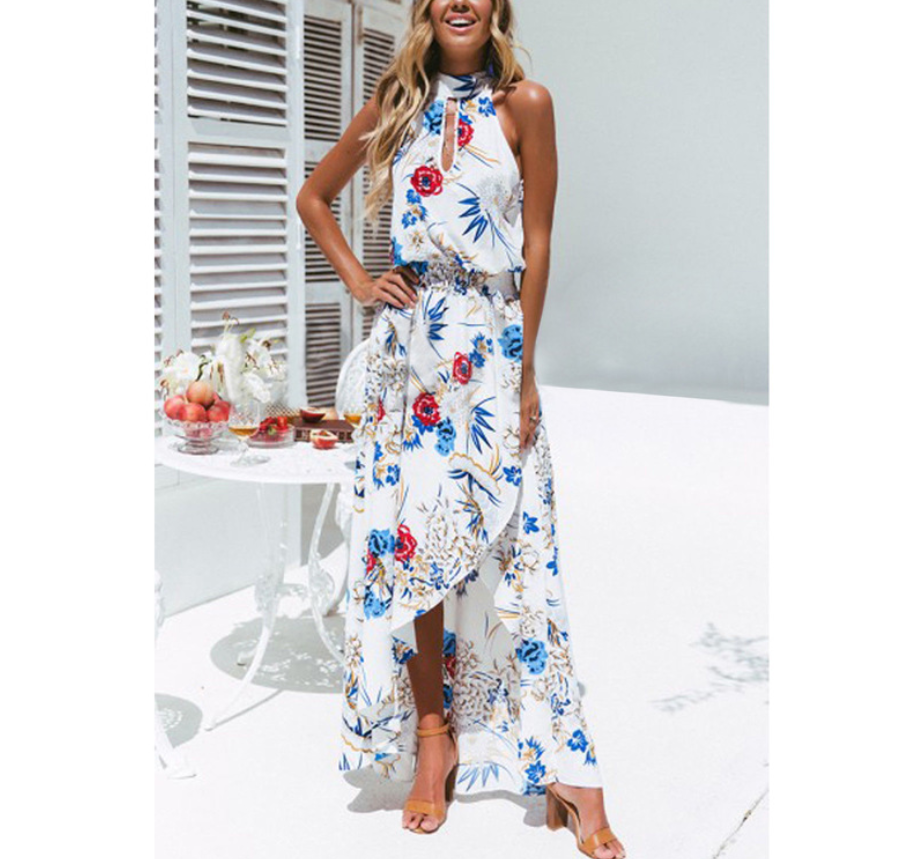 Women's Floral Halter Neck Boho Dress with Asymmetric Hem in 2 Colors S-XXL - Wazzi's Wear