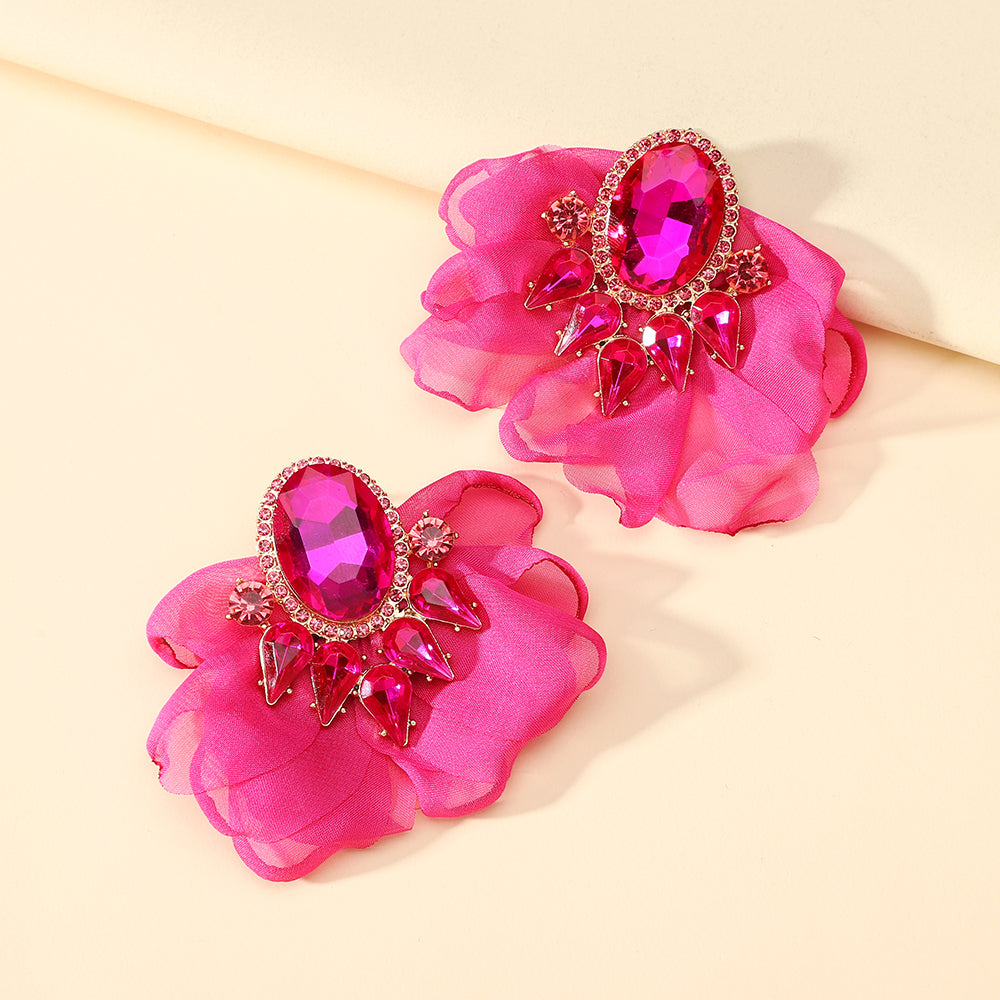 Handmade Coloful Glass Chiffon Flower Stud Earrings For Women Bold Fashion Jewelry Party Prom Vacation