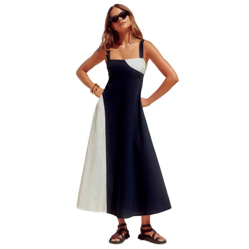 Elegant And Fashionable Resort-style Slip Dress With Color-blocking