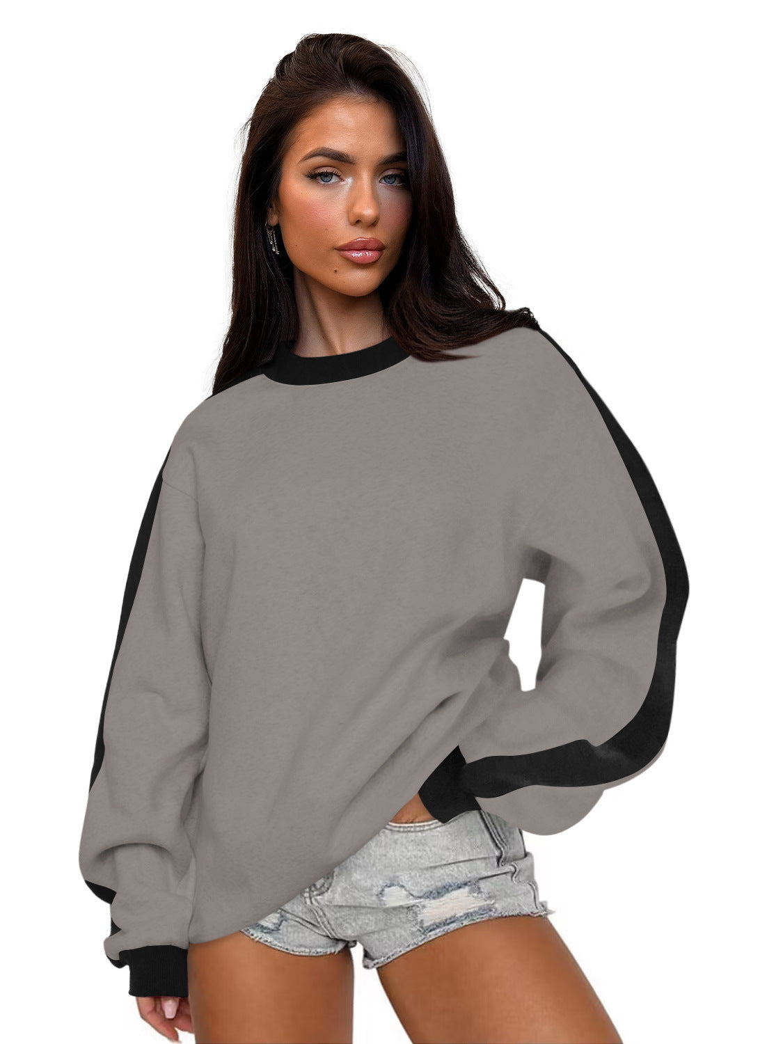 Contrast Color Round Neck Long Sleeve Women’s Sweatshirt