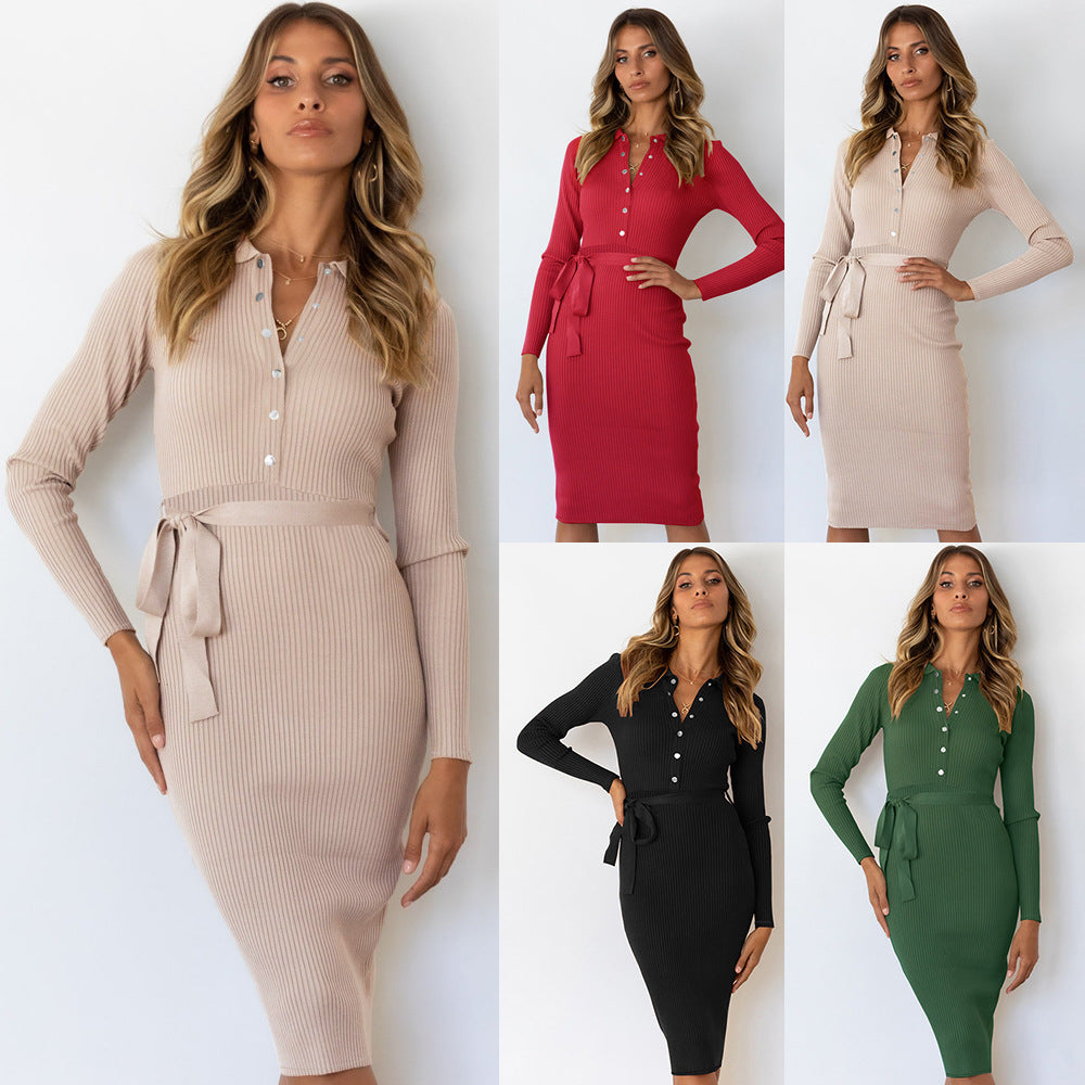 Women’s Mid-Length Long Sleeve Knit Dress with Waist Tie in 4 Colors S-2XL - Wazzi's Wear