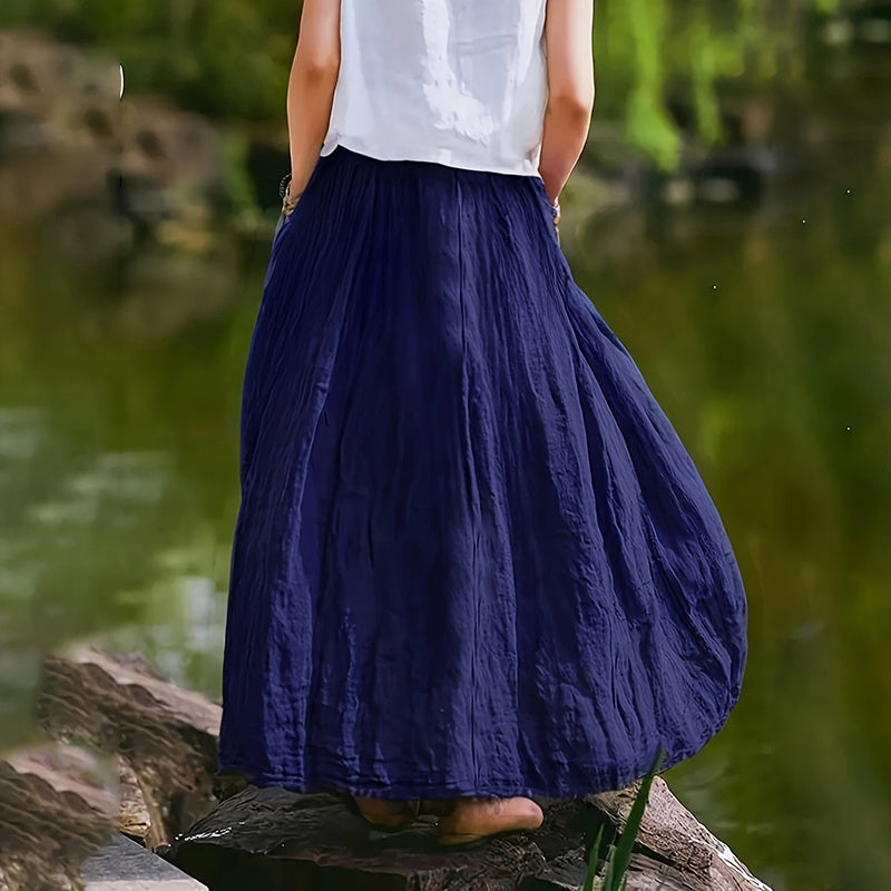 Women Bohemian Beach A-Line Dress Elastic Waist Flowy Long Maxi Skirt With Pockets