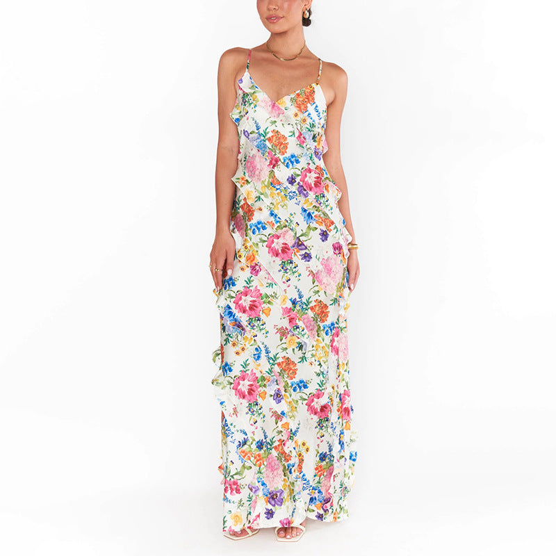 Womens Patchwork Ruffle-Trimmed Resort-Style Slip Dress