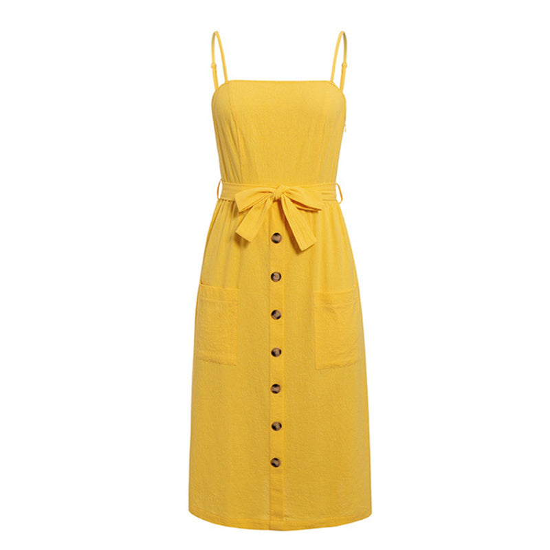 Summer solid color button cotton strap bow A-line dress