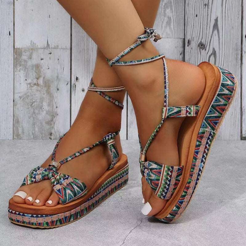 Women’s Printed Bohemian Wedge Heel Sandals with Ankle Strap