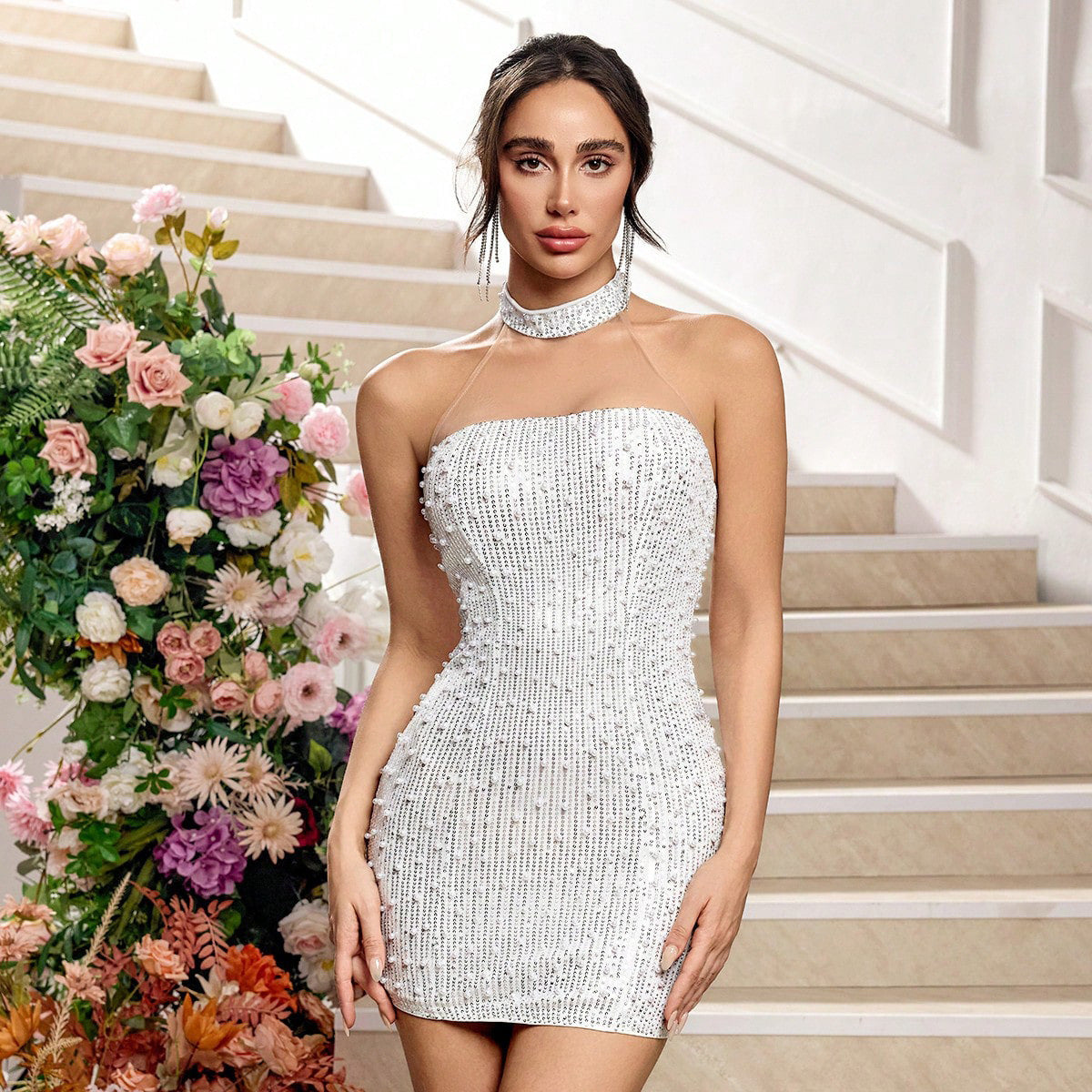 Fashion Solid Color Sexy Hollow-out Lace Evening Dress