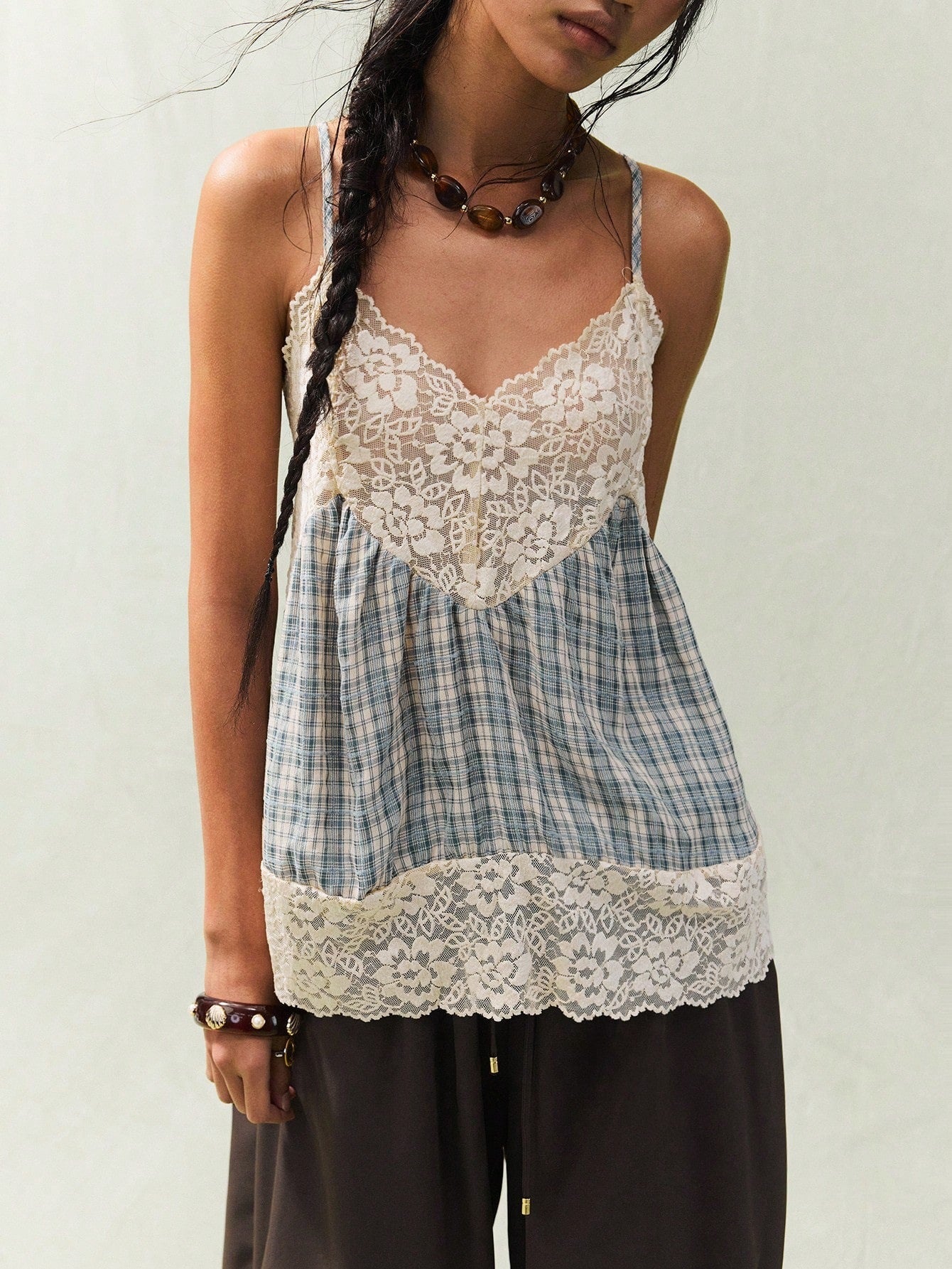 Retro Lace Patchwork Plaid Suspender Dress For Women
