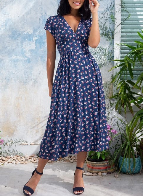 Women’s V-Neck Short Sleeve Midi Dress with Cinched Waist and Pockets
