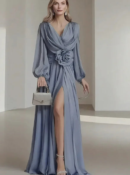 Flower Pleated Chiffon Wedding Dress Long Buff Sleeve Flowy V-neck Maxi Dress