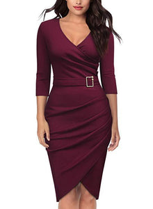 Women’s 3/4 Sleeve V-Neck Wrap Midi Dress in 6 Colors S-3XL - Wazzi's Wear