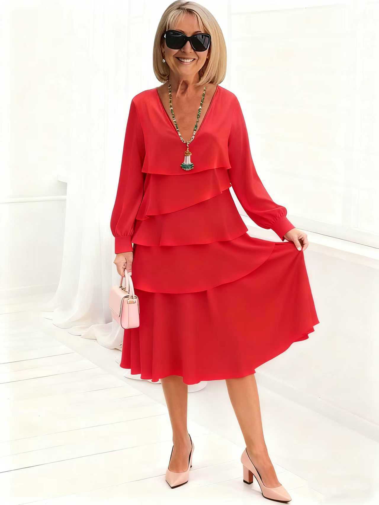 Women's Long-sleeve V-neck Tiered Dress