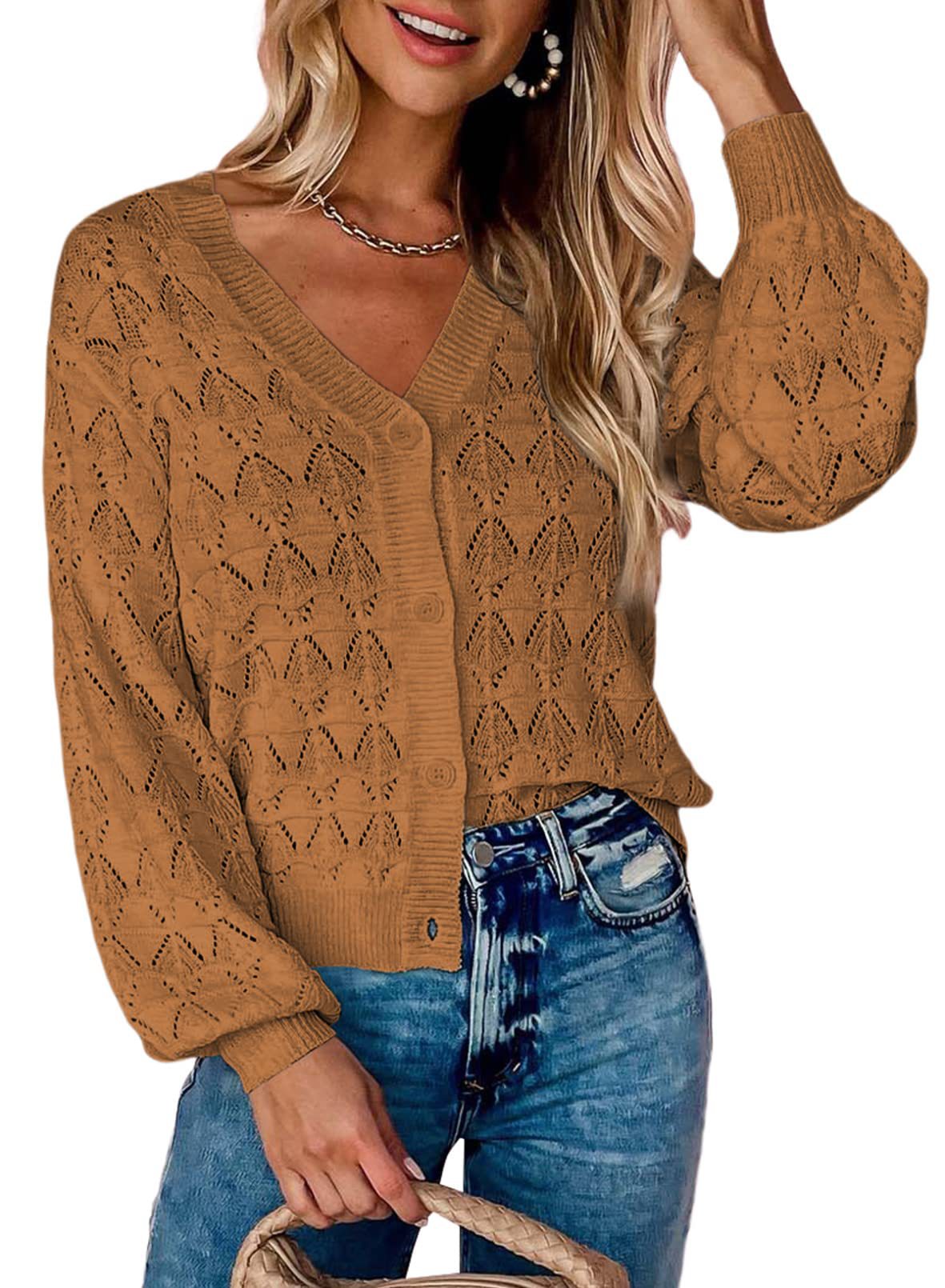 Women’s Long Sleeve V-Neck Knit Sweater Cardigan in 7 Colors S-2XL - Wazzi's Wear