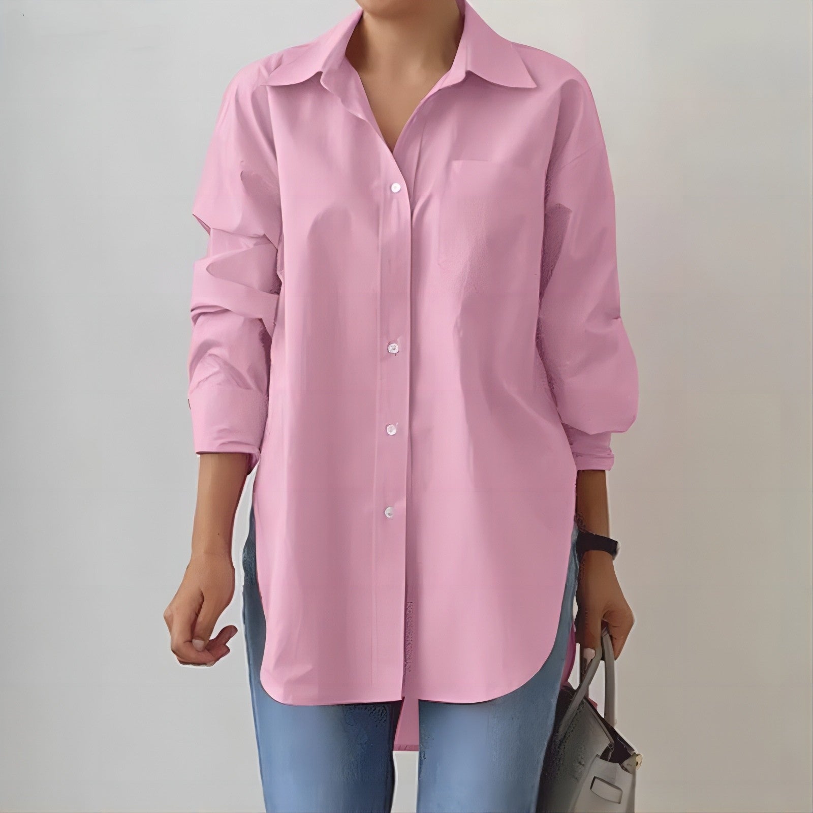 Solid-color Split-neck Long-sleeve Shirt