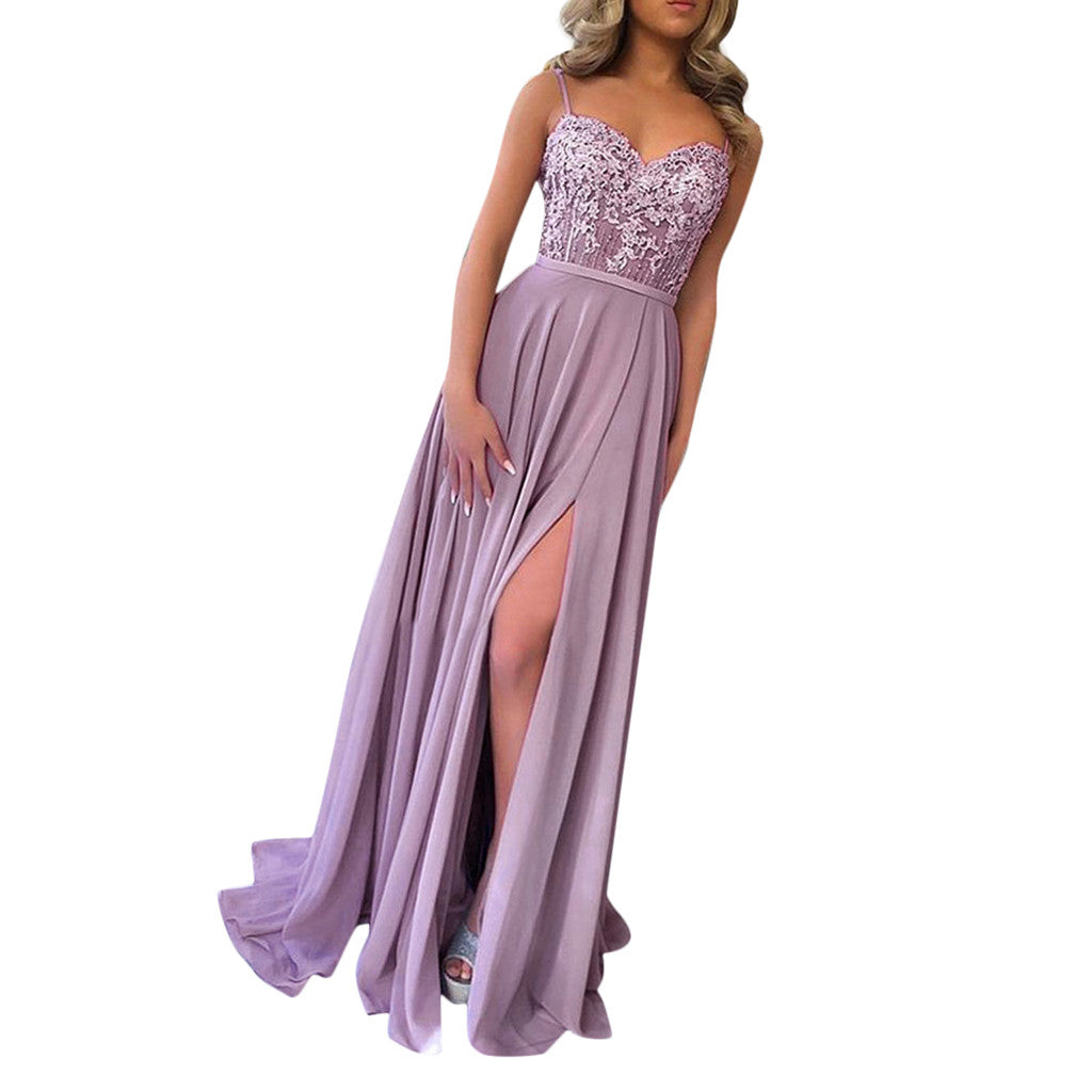 Women’s Chiffon Floor Length Gown with Lace Bodice and Spagetti Straps in 2 Colors S-XL - Wazzi's Wear