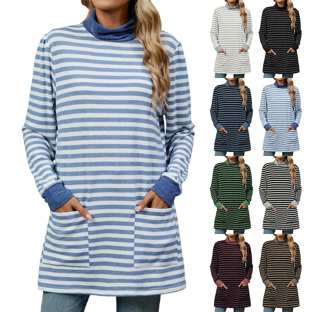 Women’s Turtleneck Striped Long Sleeve Shirt with Pockets