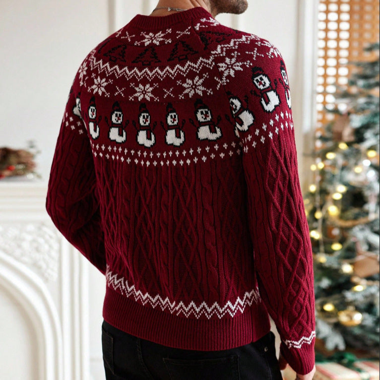 Red Christmas retro round-neck cable knit sweater with snowman pattern and long sleeves