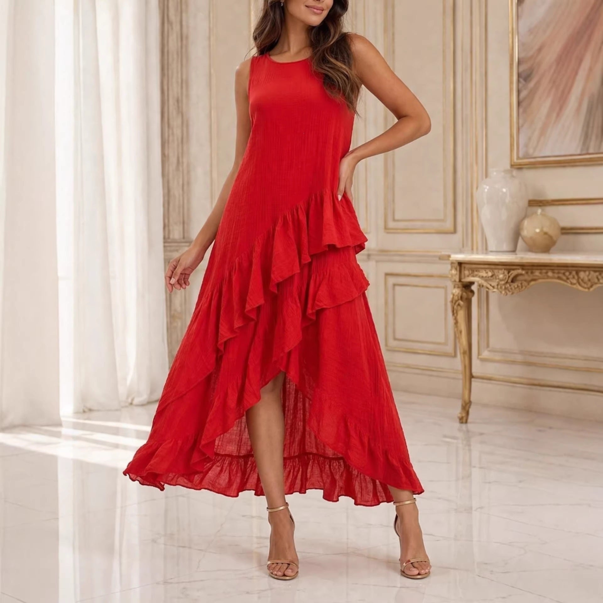 Elegant Casual Asymmetrical Ruffle-Trimmed Resort-Style Dress