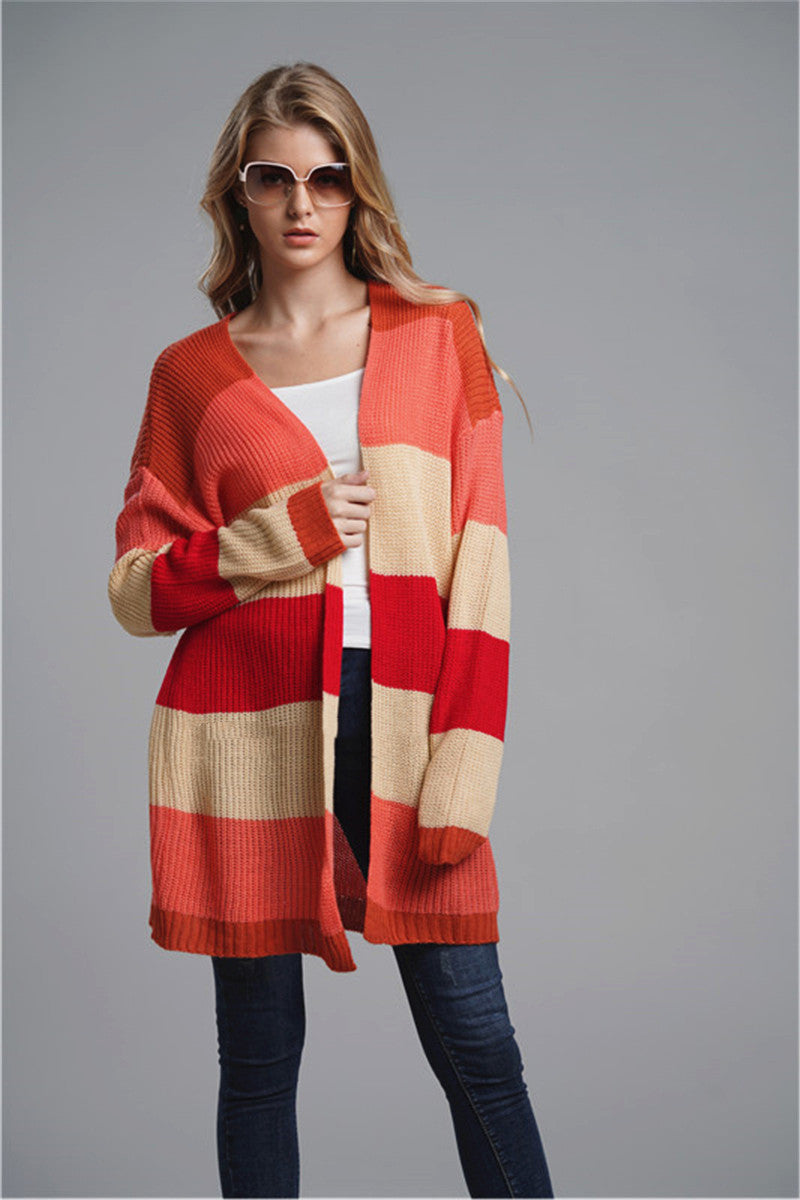 Mid-length Knitted Cardigan Loose Striped Rainbow Sweater