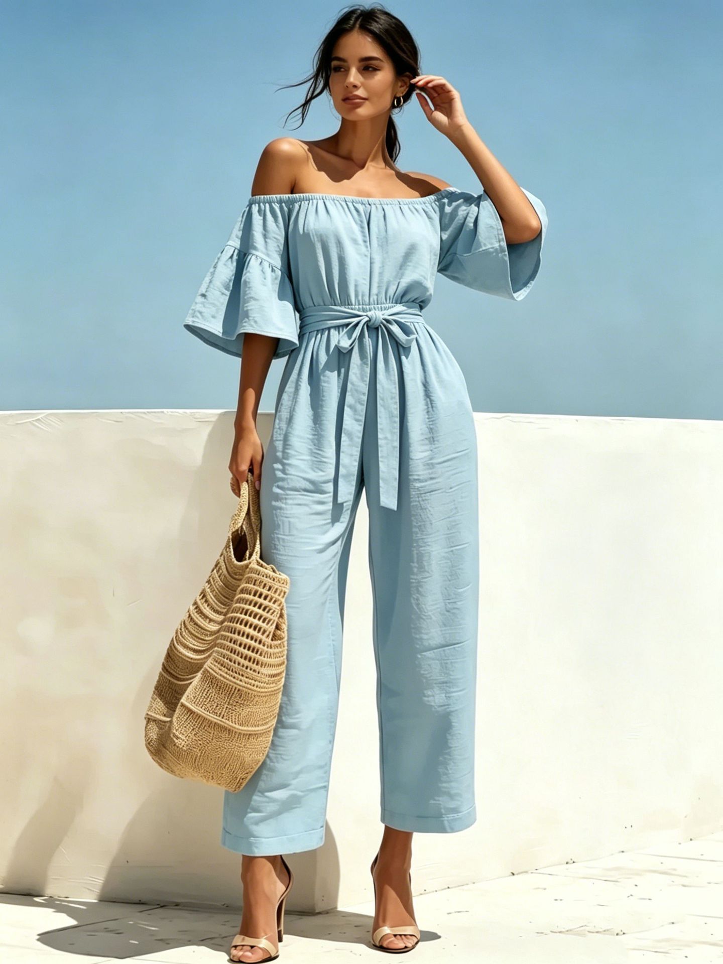 Womens Lace-Up Off-Shoulder Ruffle Jumpsuit