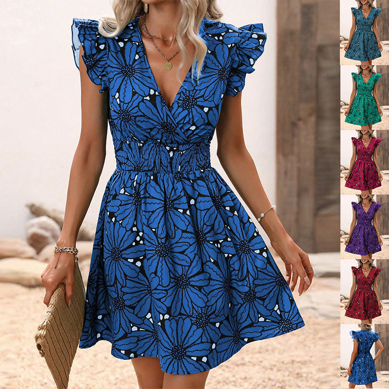 Women’s Floral Ruffled Short Sleeve Midi Dress with Cinched Waist