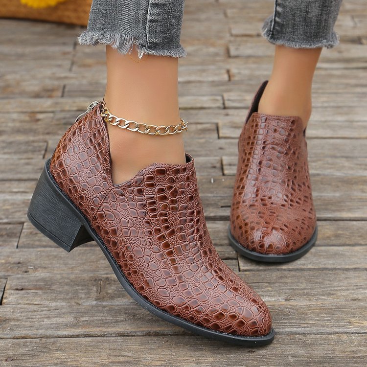 Women’s Crocodile Pattern Ankle Boots with Chunky Mid Heel