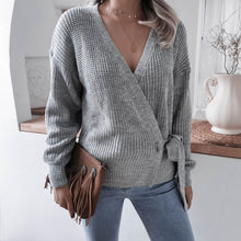 Load image into Gallery viewer, Women’s V-Neck Long Sleeve Wrap Knit Sweater with Waist Tie in 4 Colors S-XL - Wazzi&#39;s Wear