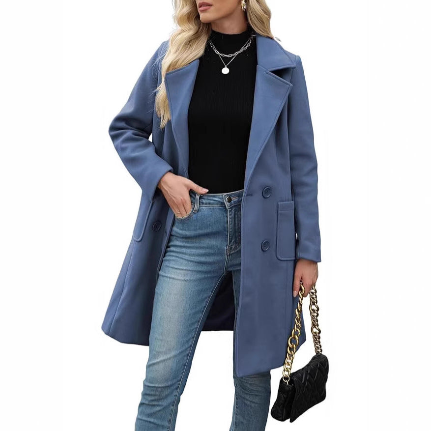 Winter Korean Style Slim Mid-length Double Breasted Turn-down Collar Coat