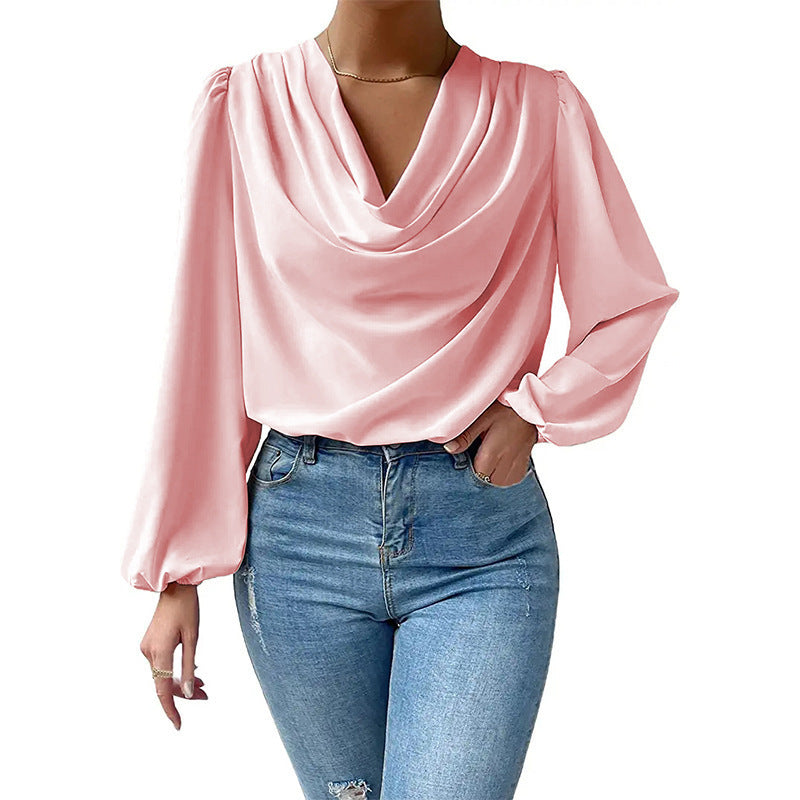 Women’s Elegant Chiffon Cowl Neck Long Sleeve Blouse