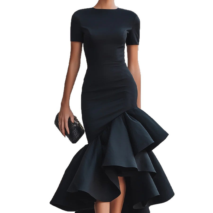 Figure-flattering, Elegant Asymmetrical Ruffled Dress