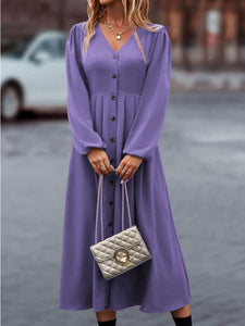 Women's Long Sleeve High Waist Dress with Buttons in 12 Colors S-5XL - Wazzi's Wear