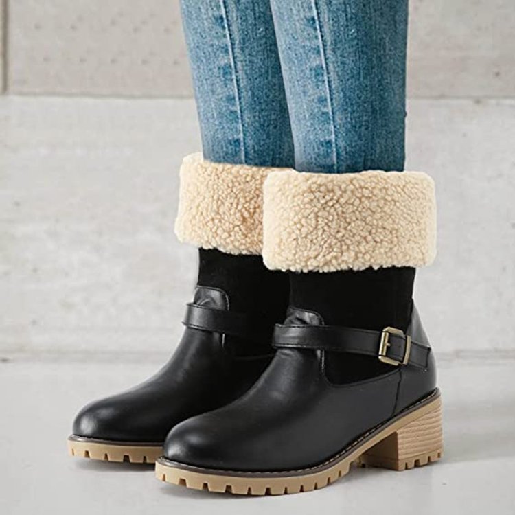 Women’s Plush Slip-On Mid-Calf Boots with Chunky Heel and Buckle