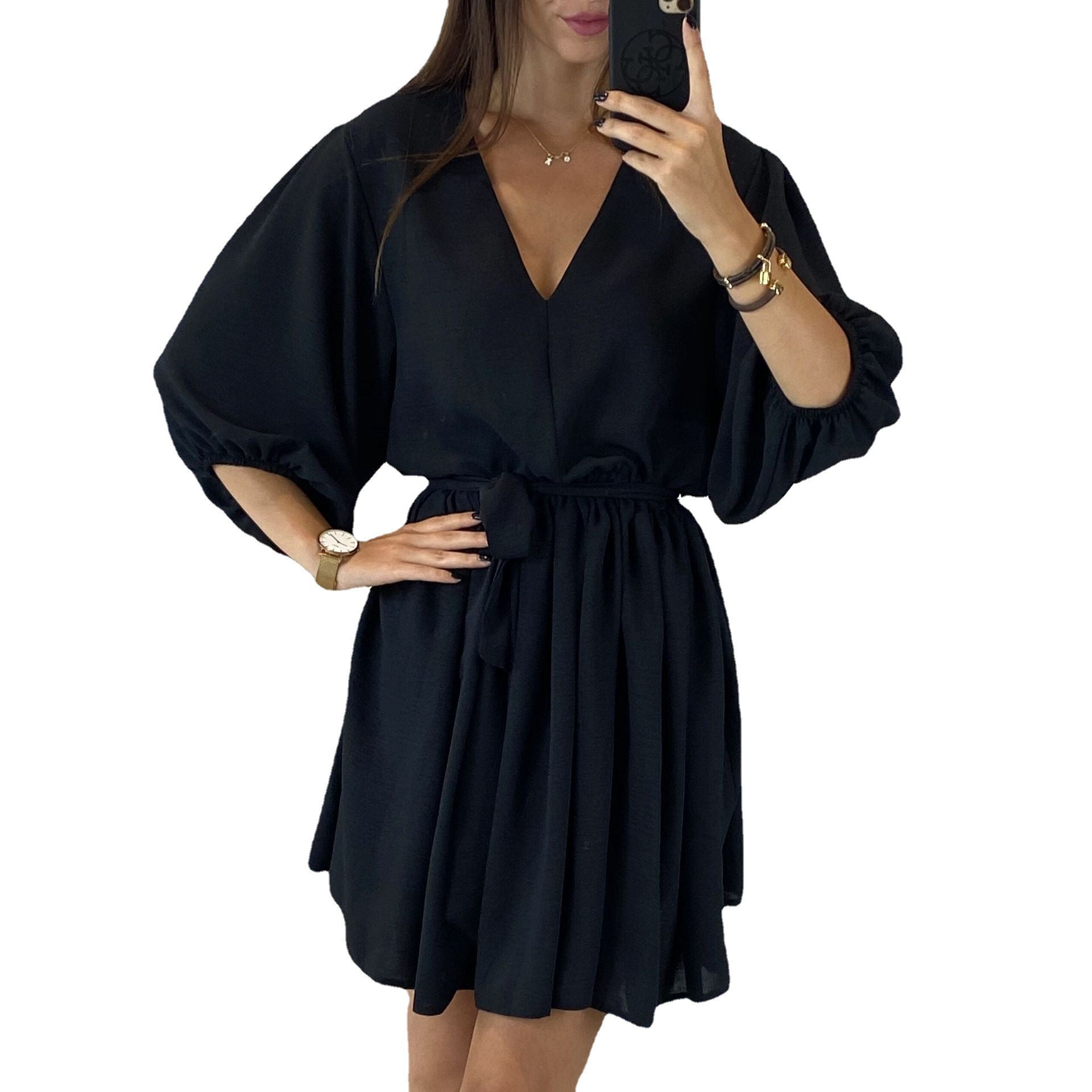 Women's V-Neck Dress with Waist Tie and 3/4 Sleeves in 4 Colors S-2XL - Wazzi's Wear