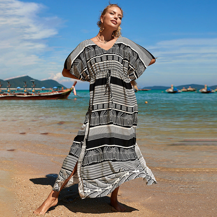 Woman Cotton Black And White Line Seaside Vacation Coat Blouse Sunscreen