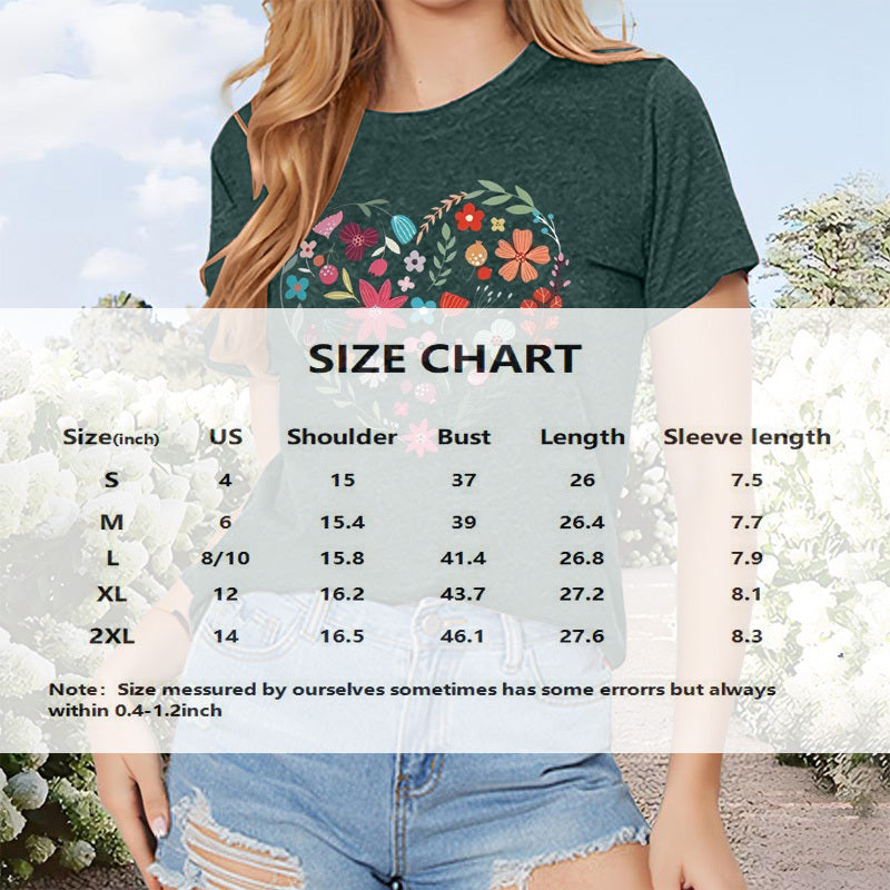 Women's Floral Heart Print Short Sleeve T-Shirt Summer Casual Round Neck Blouse