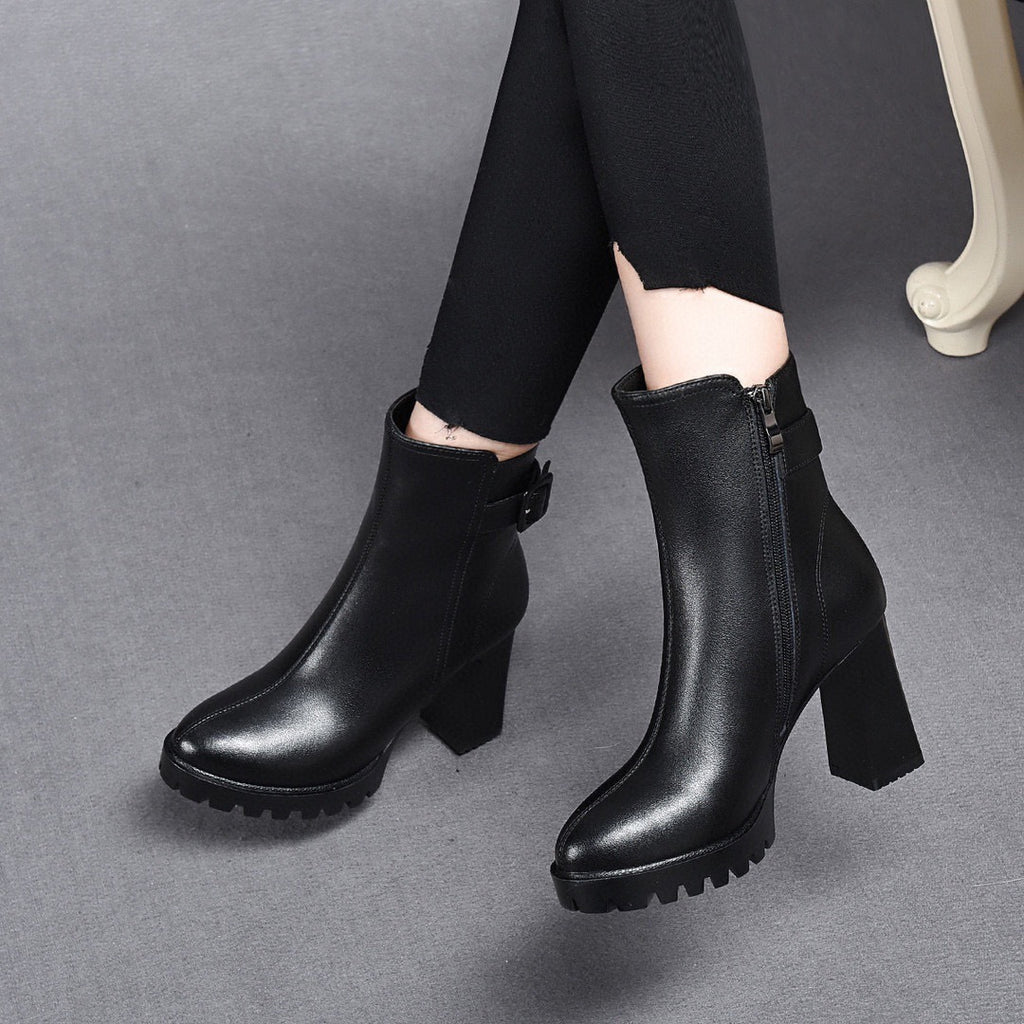 Women's Black Platform High Heel Leather Boots With Belt Buckle - Wazzi's Wear