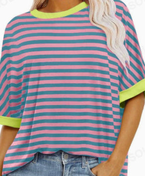 Striped Crewneck Trendy Short-sleeve Color-block Pullover