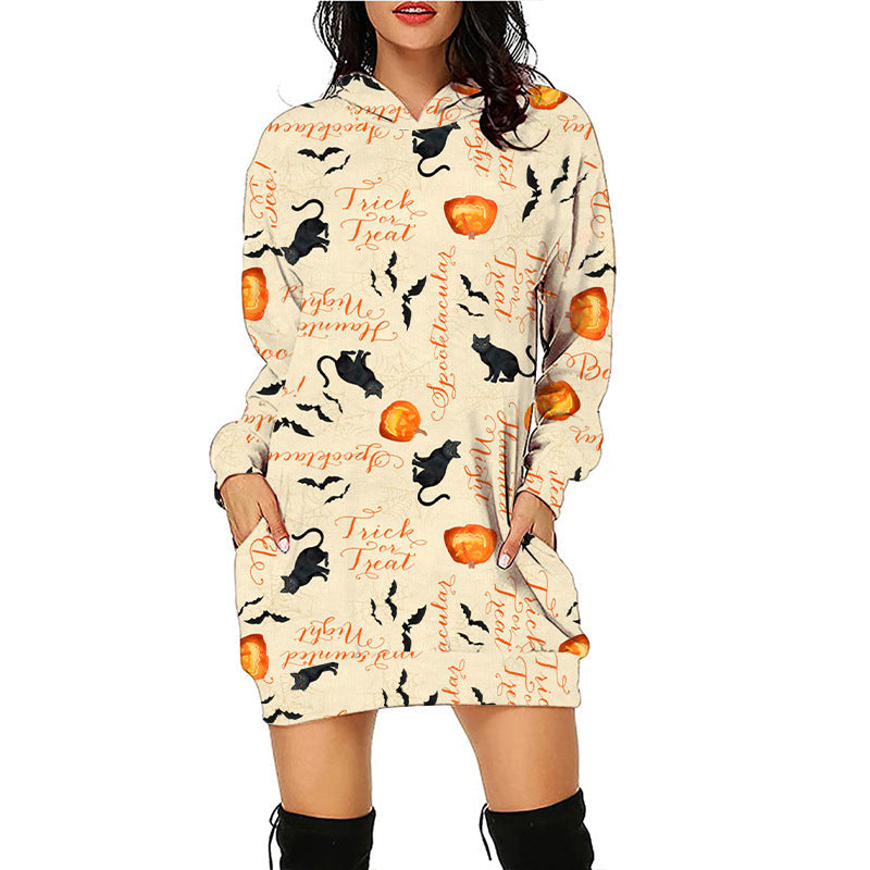 Women’s Halloween Mid-Length Hooded Sweatshirt in 8 Patterns Sizes 4-16 - Wazzi's Wear