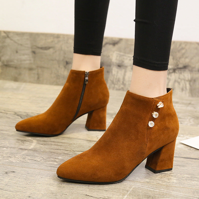 Women Suede Pointed Toe Thick Heel Martin Boots in 2 Colors - Wazzi's Wear