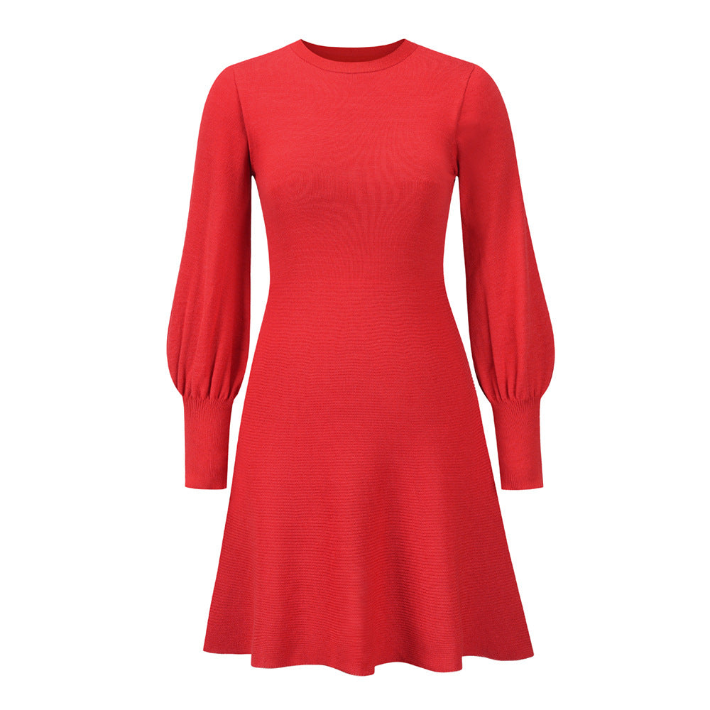 Women’s Round Neck Sweater Dress with Long Puff Sleeves in 4 Colors S-XXL - Wazzi's Wear