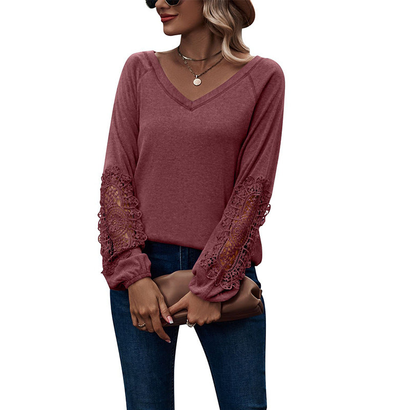 Women’s V-Neck Long Sleeve Top with Lace Detail in 5 Colors Sizes 4-20 - Wazzi's Wear