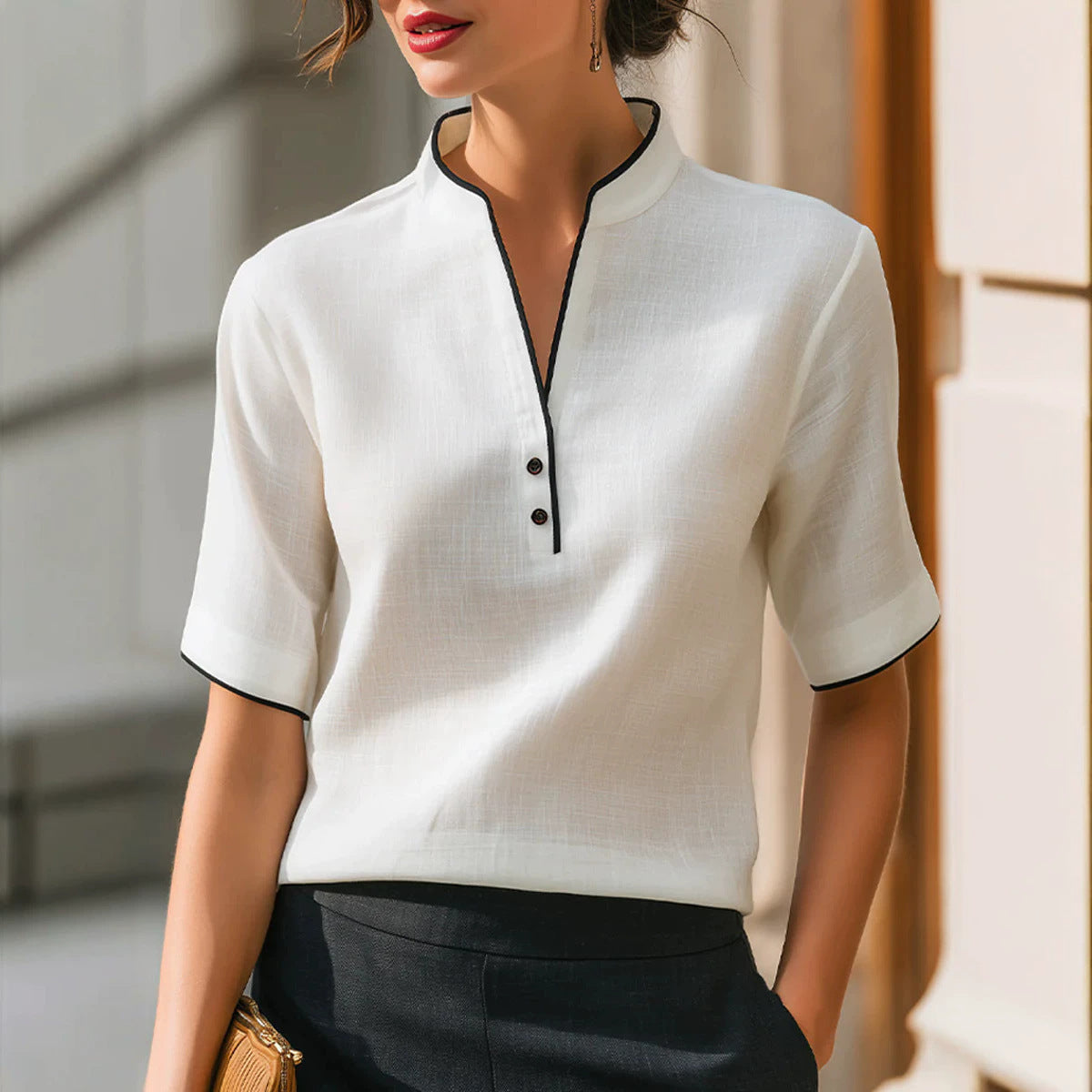 Summer Thin Small Stand Collar V-Neck Slimming Elegant Commuter Top