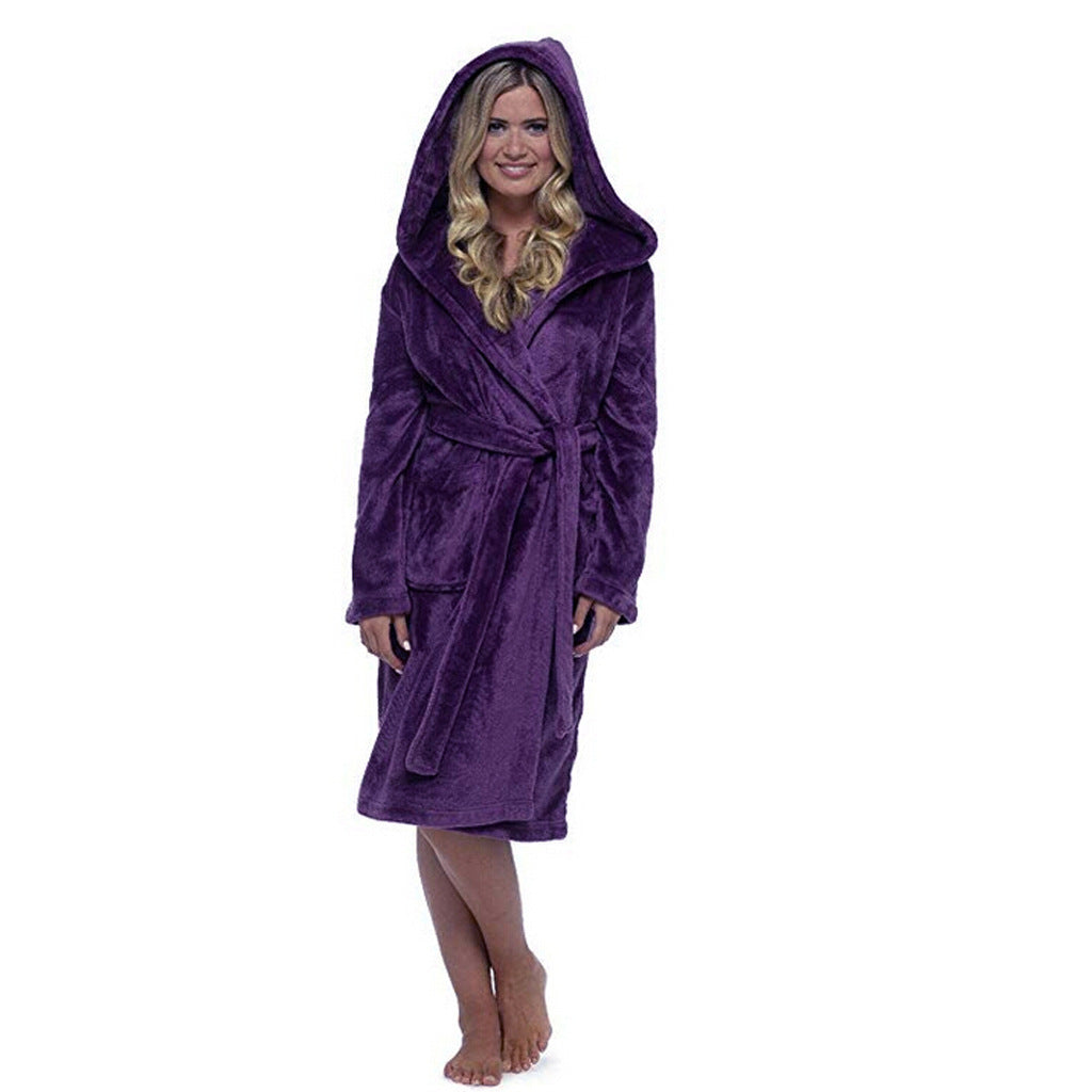 Women’s Long Hooded Bath Robe with Belt and Pockets