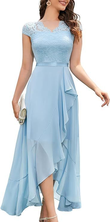 Women’s V-Neck Short Sleeve Formal Dress with Lace Bodice