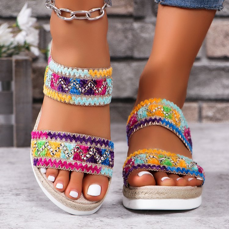 Women’s Woven Wide Linen Strap Ethnic Sandals with Wedge Heel